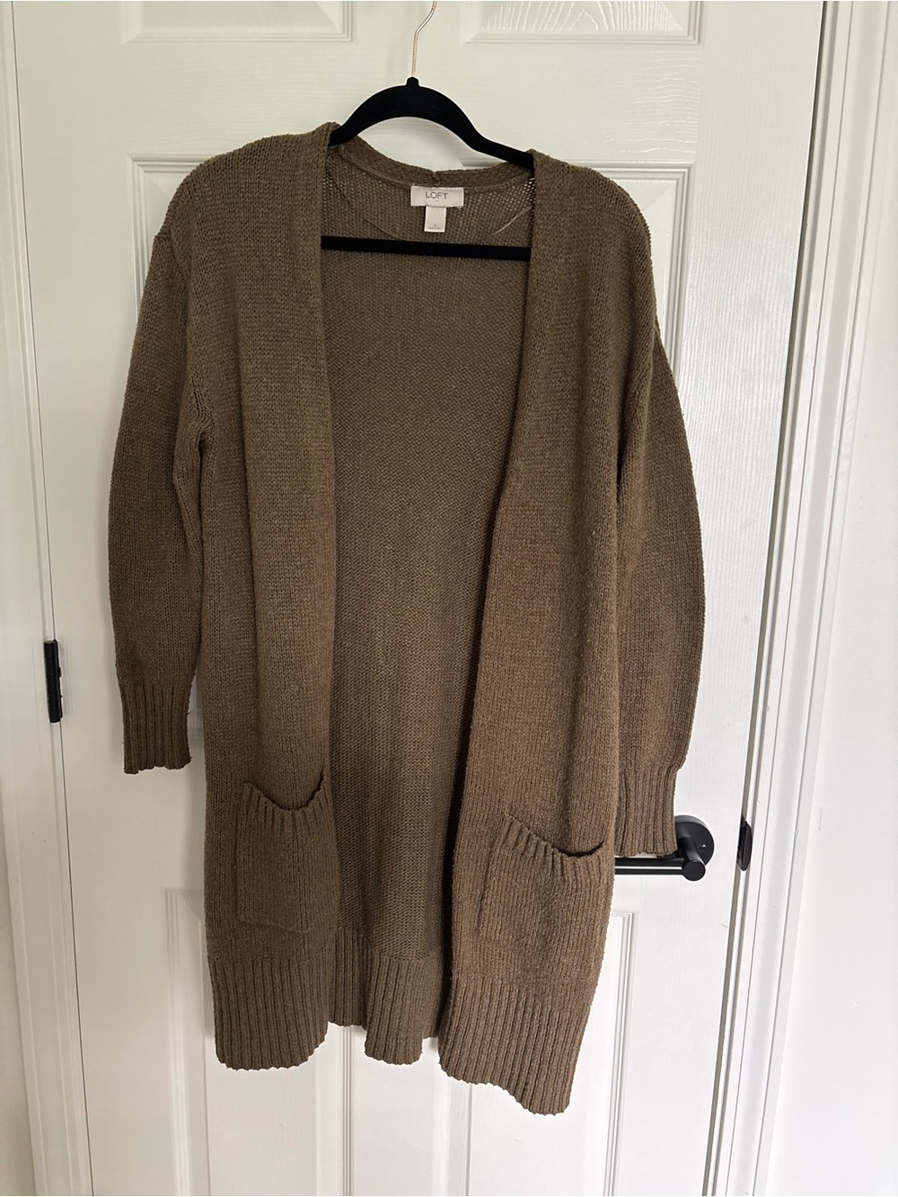 LOFT Open-Front Long Cardigan Sweater in Brown green Ann Taylor